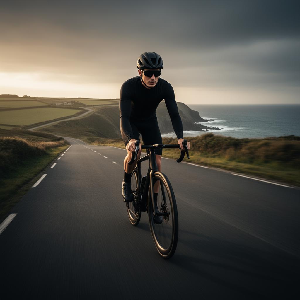 Road cyclist in all-black kit riding on a scenic coastal road