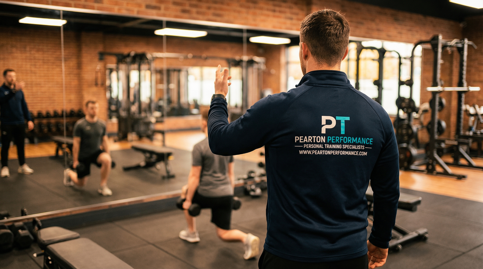 Personal trainer coaching a client through a dumbbell exercise