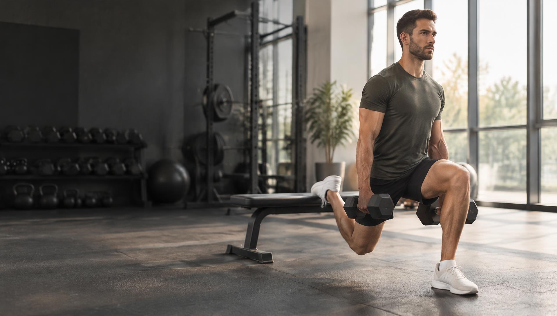 Runner doing a dumbbell split squat in a gym